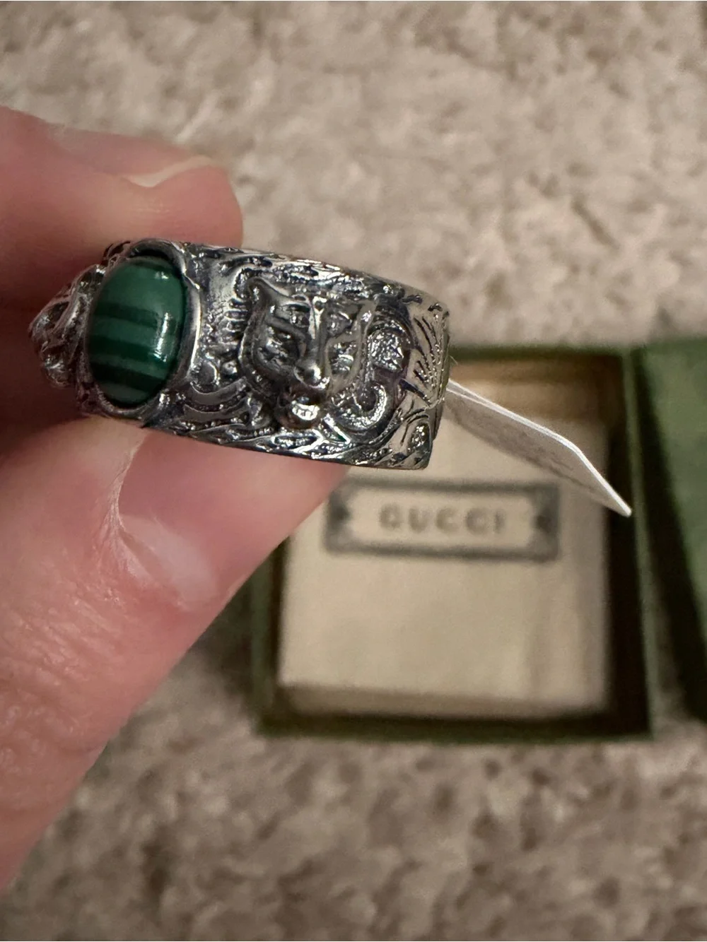 Authentic Gucci Garden Feline Head Malachite Ring 925 Ring Size 8 – New with Box